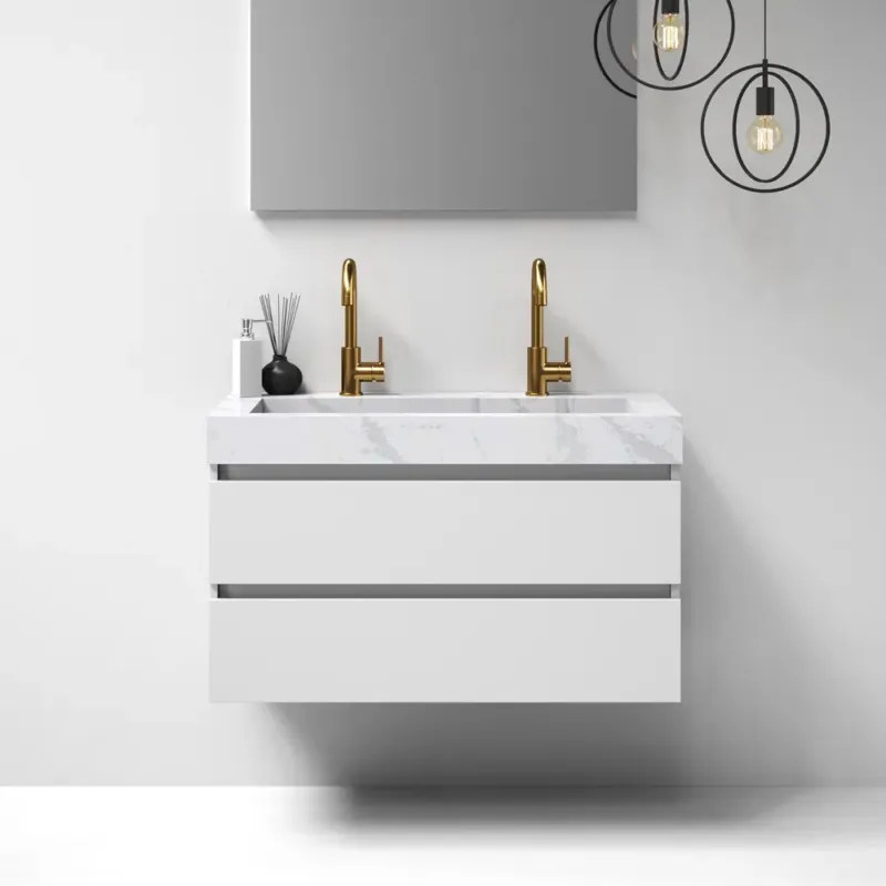 Bestseller Brauer Nature badmeubel 100cm mat wit met wastafel Artificial Marble Calacatta Gold 2 kraangaten