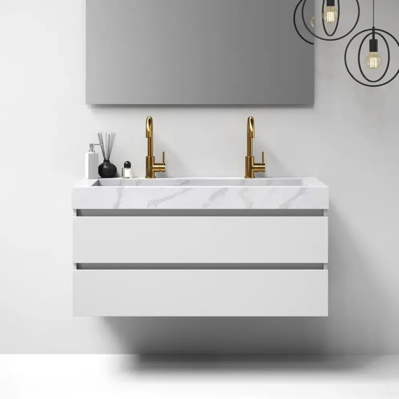 Gratis Retour Brauer Nature badmeubel 120cm mat wit met wastafel Artificial Marble Calacatta Gold enkele wasbak 2 kraangaten