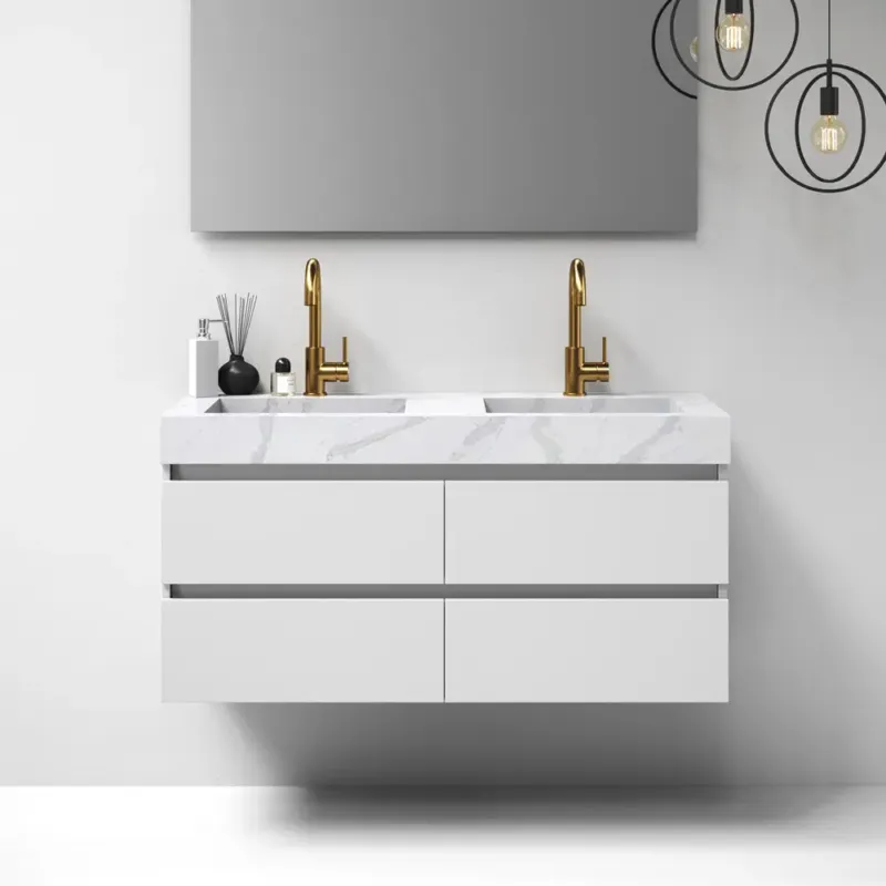 Hoge Kwaliteit Brauer Nature badmeubel 120cm mat wit met wastafel Artificial Marble Calacatta Gold dubbele wasbak 2 kraangaten