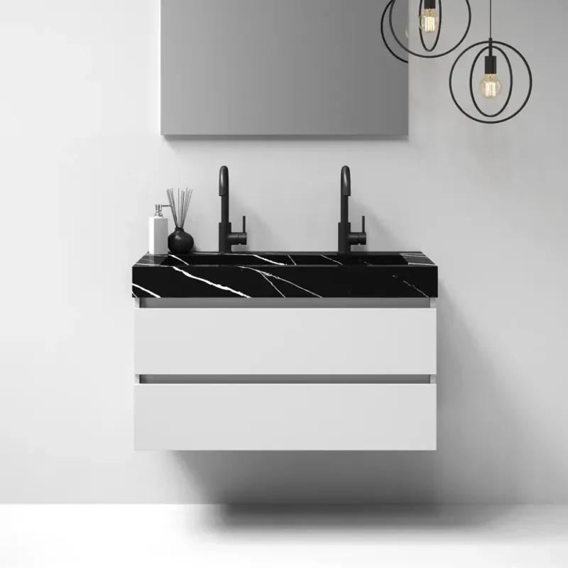 Hoge Kwaliteit Brauer Nature badmeubel 100cm mat wit met wastafel Artificial Marble Nero Marquina 2 kraangaten