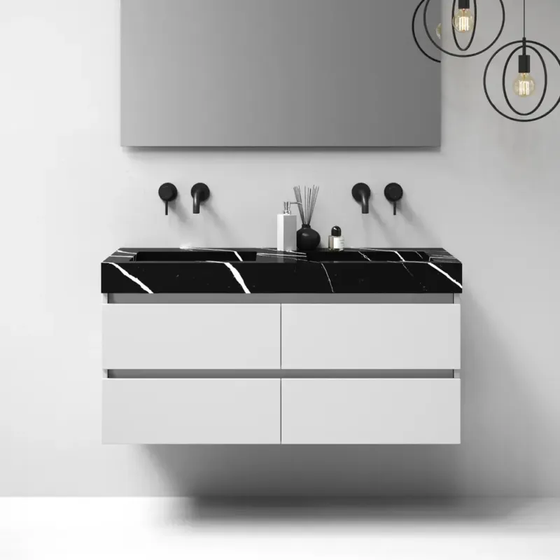 Korting Brauer Nature badmeubel 120cm mat wit met wastafel Artificial Marble Nero Marquina dubbele wasbak geen kraangaten