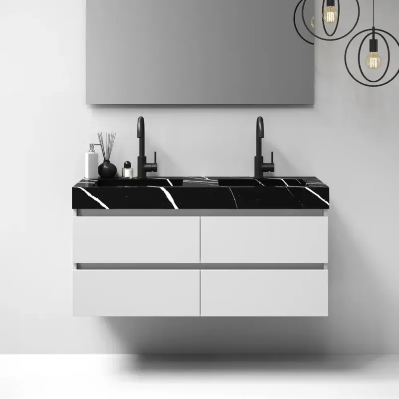 Actieprijs Brauer Nature badmeubel 120cm mat wit met wastafel Artificial Marble Nero Marquina dubbele wasbak 2 kraangaten