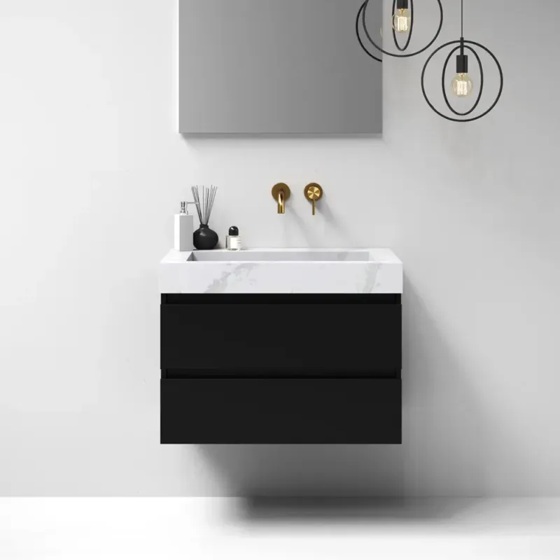 Brauer Nature badmeubel 80cm mat zwart met wastafel Artificial Marble Calacatta Gold geen kraangaten Hoge Kwaliteit