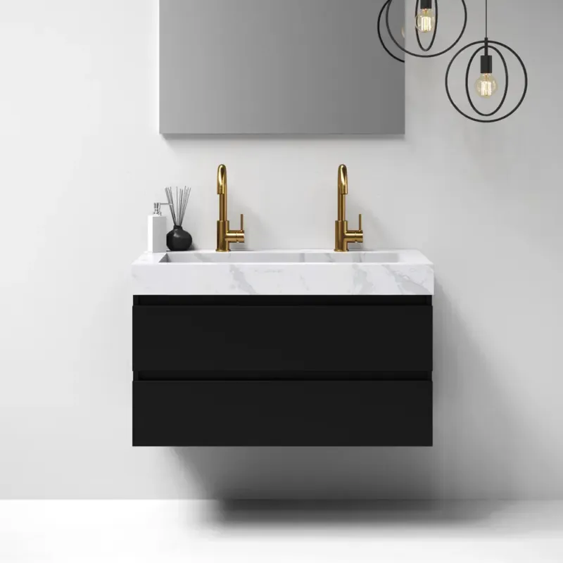Brauer Nature badmeubel 100cm mat zwart met wastafel Artificial Marble Calacatta Gold 2 kraangaten Speciale Aanbieding
