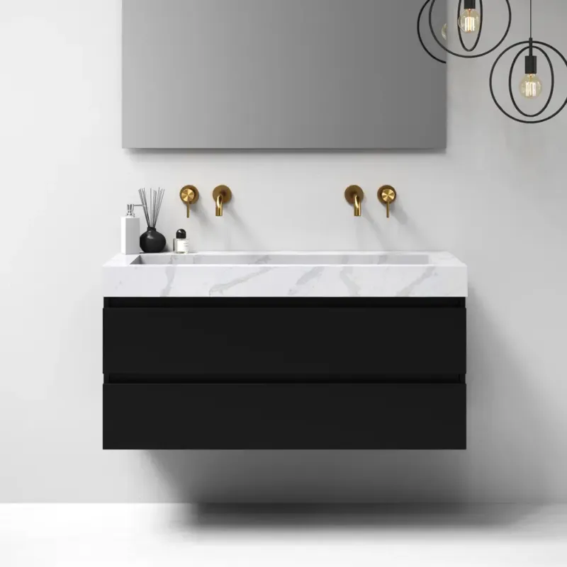 Brauer Nature badmeubel 120cm mat zwart met wastafel Artificial Marble Calacatta Gold enkele wasbak geen kraangaten Koop Vandaag