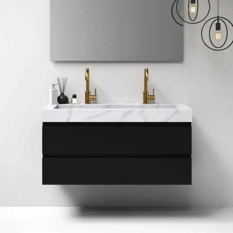 Brauer Nature badmeubel 120cm mat zwart met wastafel Artificial Marble Calacatta Gold enkele wasbak 2 kraangaten Lage Kosten