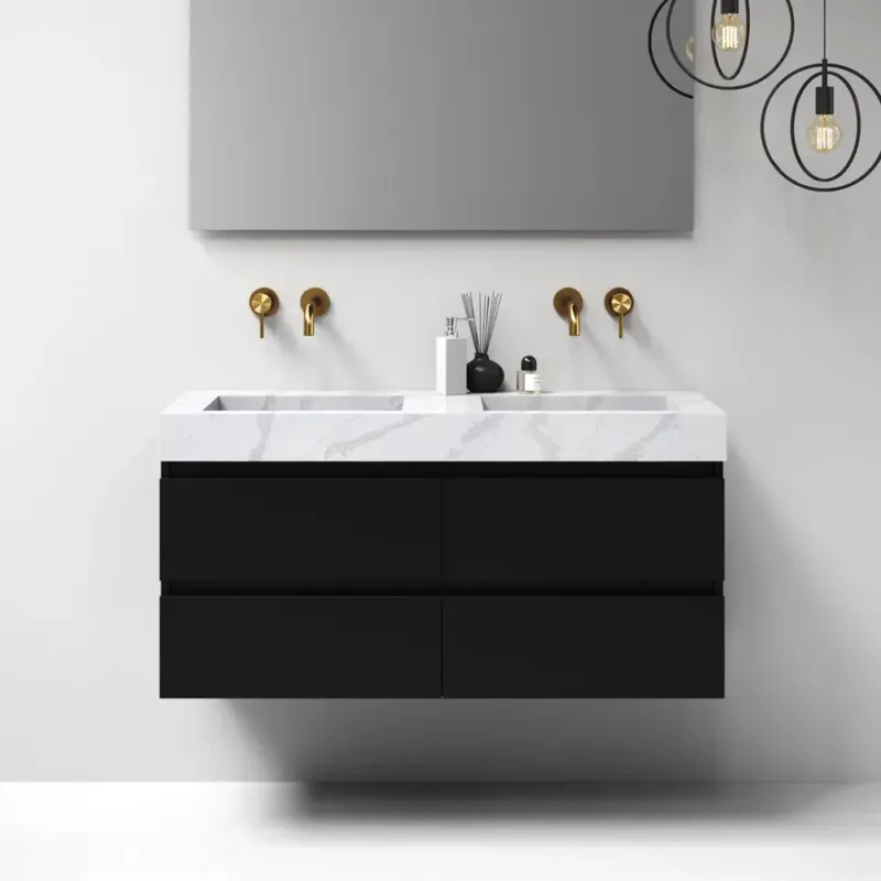 Beste Prijs Brauer Nature badmeubel 120cm mat zwart met wastafel Artificial Marble Calacatta Gold dubbele wasbak geen kraangaten