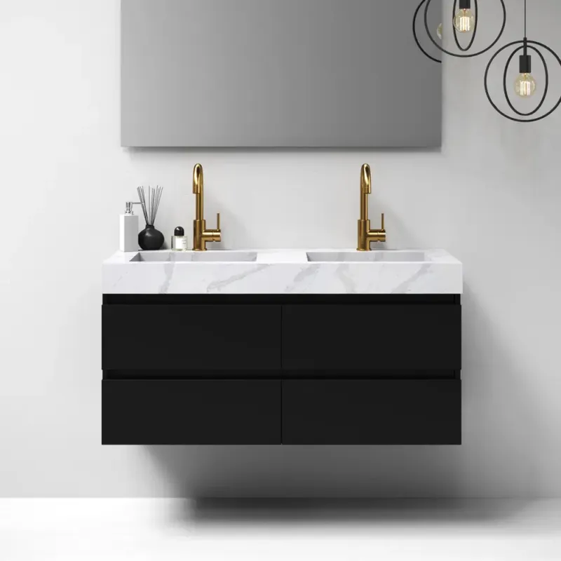 Koop Online Brauer Nature badmeubel 120cm mat zwart met wastafel Artificial Marble Calacatta Gold dubbele wasbak 2 kraangaten