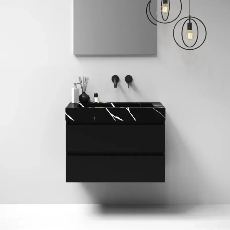 Brauer Nature badmeubel 80cm mat zwart met wastafel Artificial Marble Nero Marquina geen kraangaten Veilige Betaling