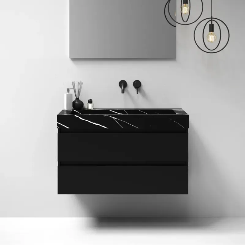 Brauer Nature badmeubel 100cm mat zwart met wastafel Artificial Marble Nero Marquina geen kraangaten Finale Uitverkoop