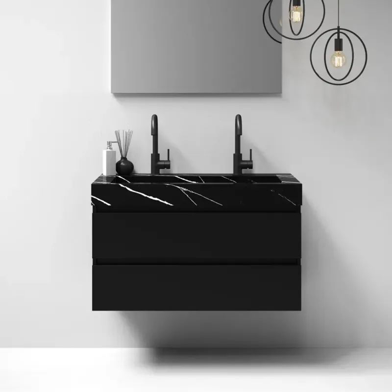 Beste Prijs Brauer Nature badmeubel 100cm mat zwart met wastafel Artificial Marble Nero Marquina 2 kraangaten