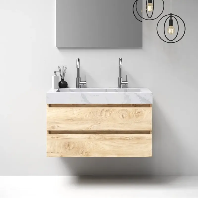 Exclusieve Aanbieding Brauer Nature badmeubel 100cm forest wheat met wastafel Artificial Marble Calacatta Gold 2 kraangaten
