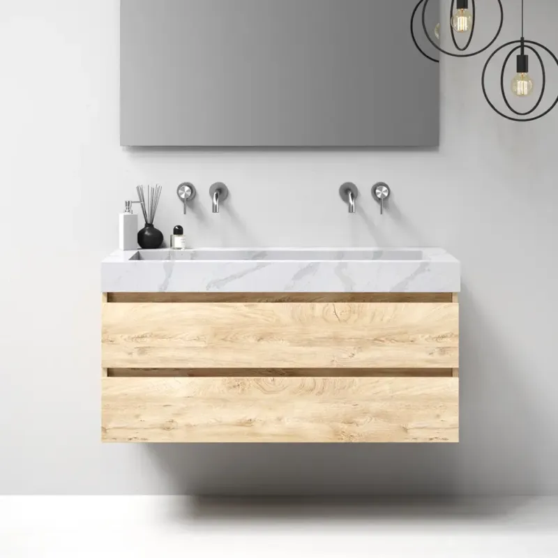 Brauer Nature badmeubel 120cm forest wheat met wastafel Artificial Marble Calacatta Gold enkele wasbak geen kraangaten Direct Beschikbaar