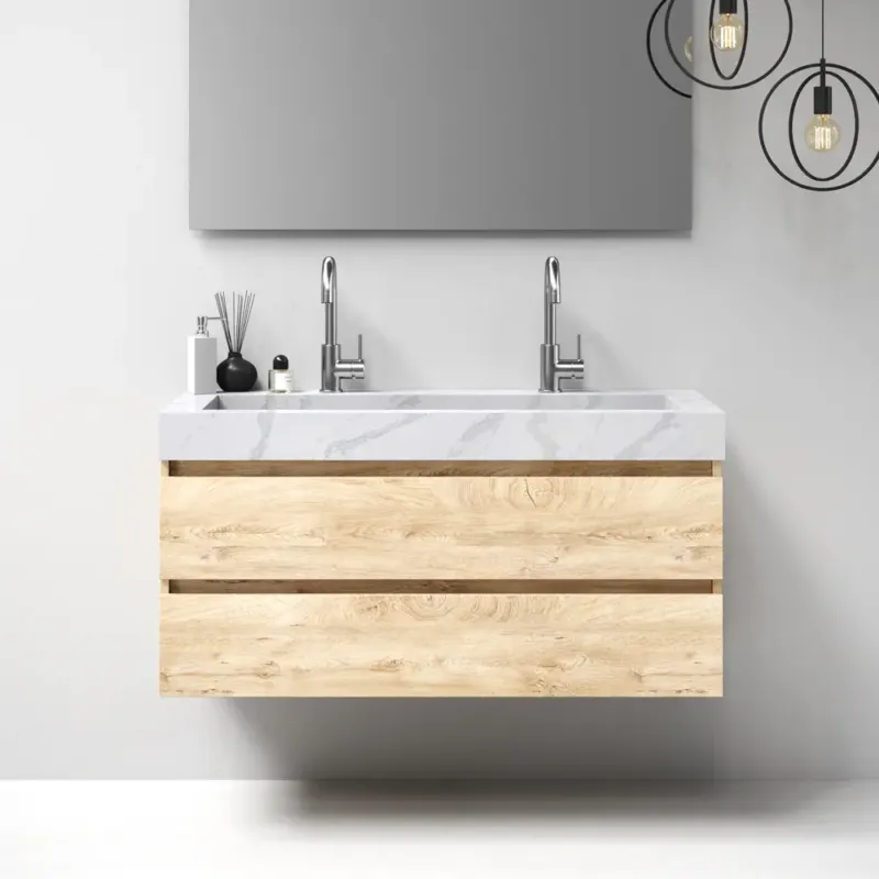 Brauer Nature badmeubel 120cm forest wheat met wastafel Artificial Marble Calacatta Gold enkele wasbak 2 kraangaten Betaalbaar