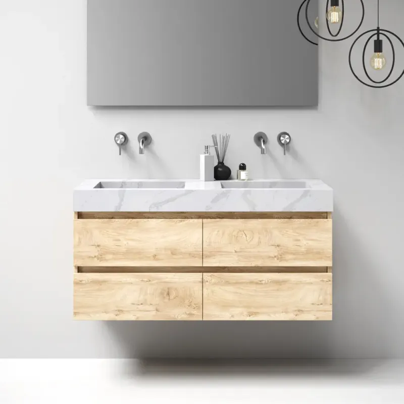 Korting Brauer Nature badmeubel 120cm forest wheat met wastafel Artificial Marble Calacatta Gold dubbele wasbak geen kraangaten