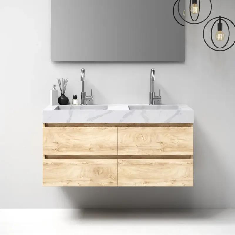 Hete Deal Brauer Nature badmeubel 120cm forest wheat met wastafel Artificial Marble Calacatta Gold dubbele wasbak 2 kraangaten