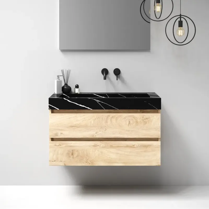 Brauer Nature badmeubel 100cm forest wheat met wastafel Artificial Marble Nero Marquina geen kraangaten Snelle Levering