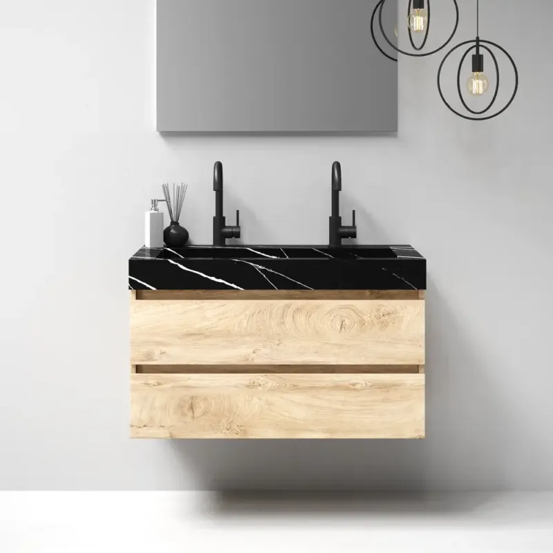 Beste Prijs Brauer Nature badmeubel 100cm forest wheat met wastafel Artificial Marble Nero Marquina 2 kraangaten