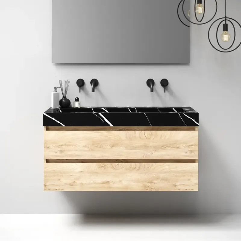 Brauer Nature badmeubel 120cm forest wheat met wastafel Artificial Marble Nero Marquina enkele wasbak geen kraangaten Gereduceerde Prijs