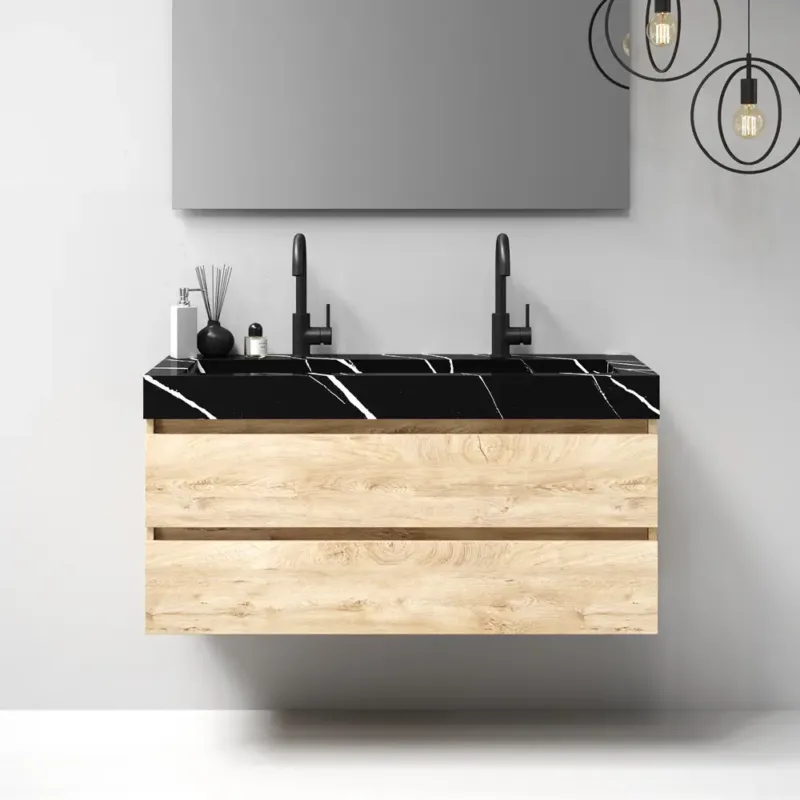 Laatste Kans Brauer Nature badmeubel 120cm forest wheat met wastafel Artificial Marble Nero Marquina enkele wasbak 2 kraangaten