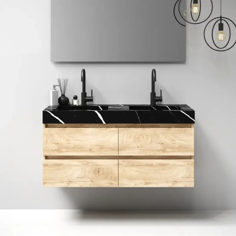 Brauer Nature badmeubel 120cm forest wheat met wastafel Artificial Marble Nero Marquina dubbele wasbak 2 kraangaten Alleen Vandaag
