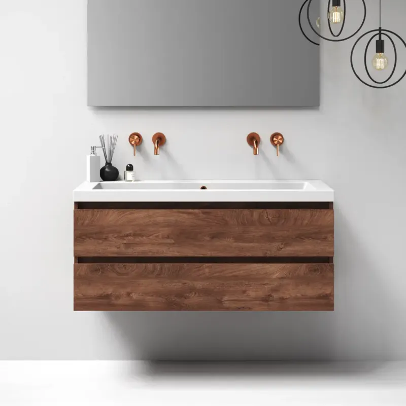 Finale Uitverkoop Brauer Nature badmeubel 120cm forest cacao met wastafel Solar glans wit enkele wasbak geen kraangaten