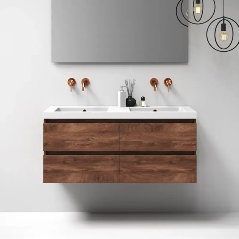 Exclusieve Aanbieding Brauer Nature badmeubel 120cm forest cacao met wastafel Solar glans wit dubbele wasbak geen kraangaten