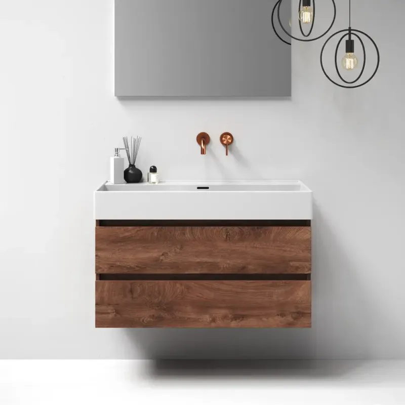 Laatste Kans Brauer Nature badmeubel 100cm forest cacao met wastafel Lunar glans wit geen kraangaten