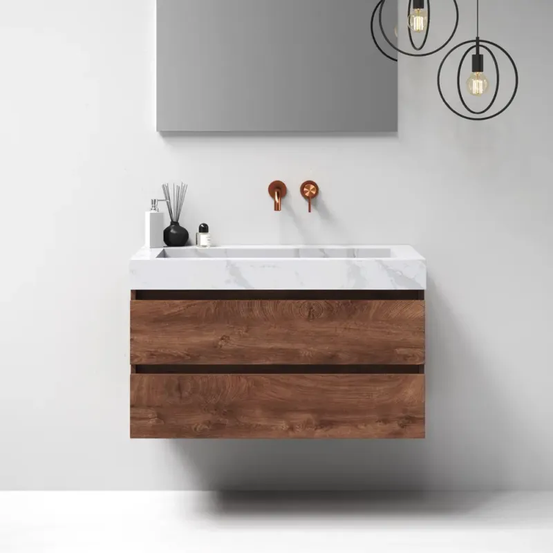 Brauer Nature badmeubel 100cm forest cacao met wastafel Artificial Marble Calacatta Gold geen kraangaten Fabrieksprijs