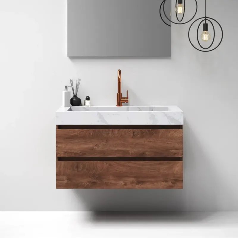 Brauer Nature badmeubel 100cm forest cacao met wastafel Artificial Marble Calacatta Gold 1 kraangat Lage Prijs