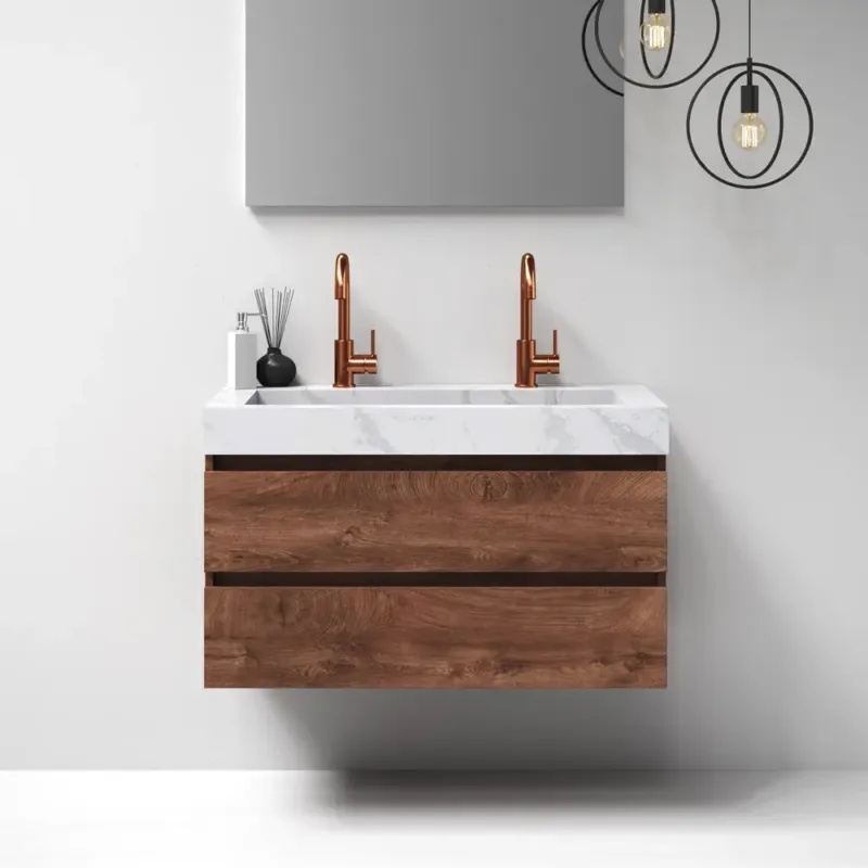 Brauer Nature badmeubel 100cm forest cacao met wastafel Artificial Marble Calacatta Gold 2 kraangaten Bestseller
