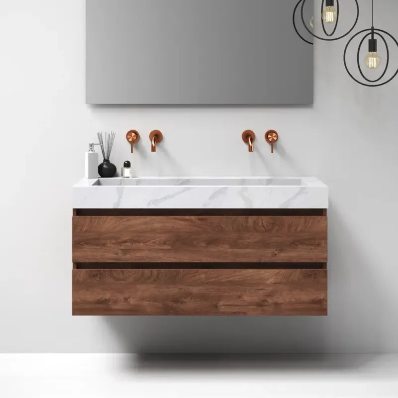 Brauer Nature badmeubel 120cm forest cacao met wastafel Artificial Marble Calacatta Gold enkele wasbak geen kraangaten Koopje