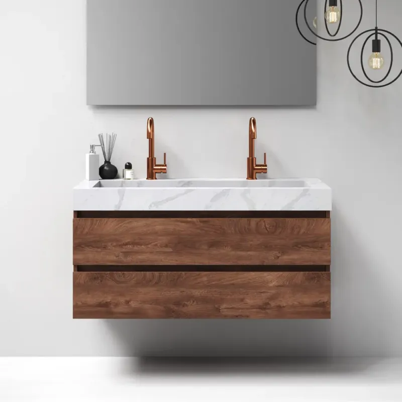 Koop Online Brauer Nature badmeubel 120cm forest cacao met wastafel Artificial Marble Calacatta Gold enkele wasbak 2 kraangaten