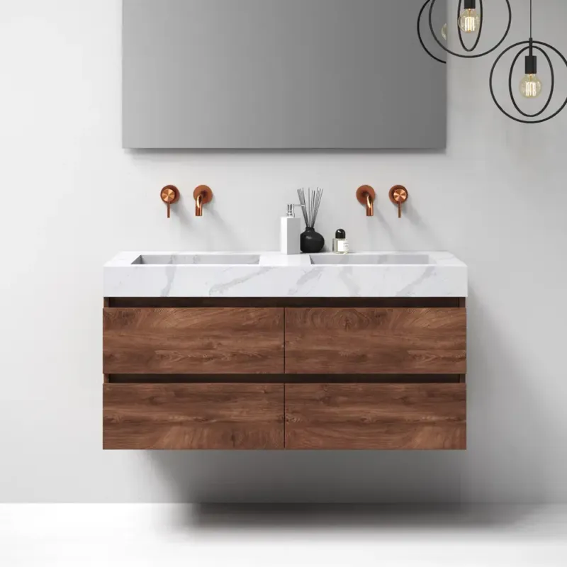 Exclusieve Aanbieding Brauer Nature badmeubel 120cm forest cacao met wastafel Artificial Marble Calacatta Gold dubbele wasbak geen kraangaten