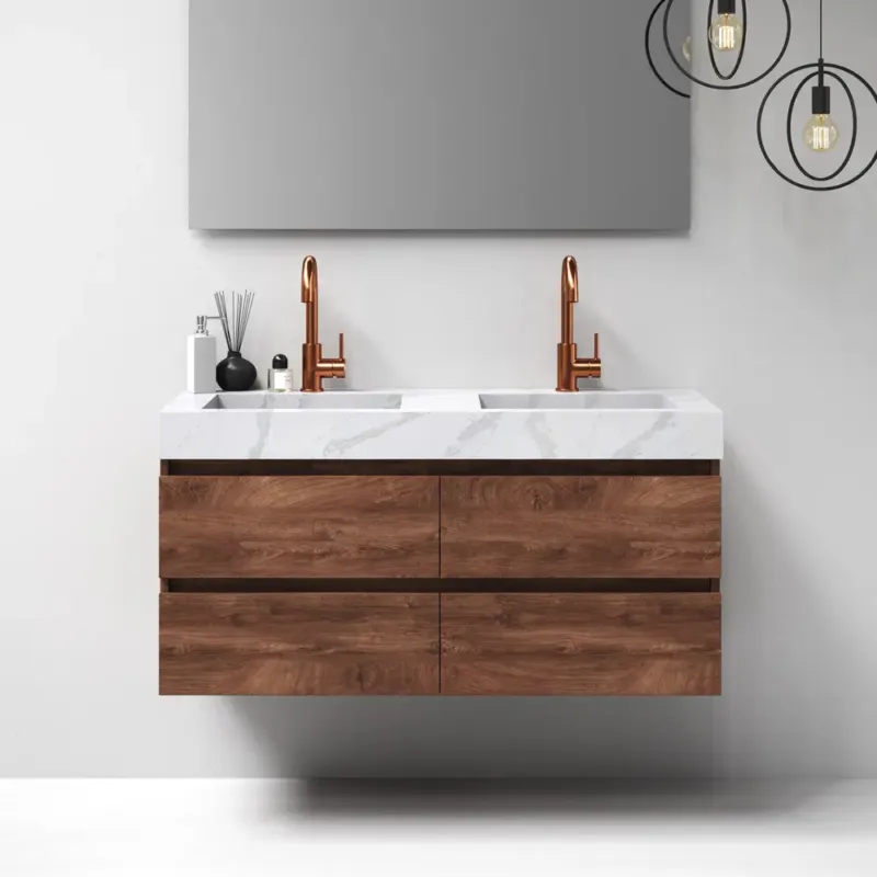 Brauer Nature badmeubel 120cm forest cacao met wastafel Artificial Marble Calacatta Gold dubbele wasbak 2 kraangaten Beperkte Voorraad