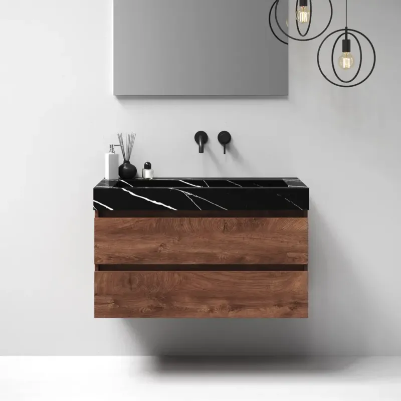 Brauer Nature badmeubel 100cm forest cacao met wastafel Artificial Marble Nero Marquina geen kraangaten Gereduceerde Prijs