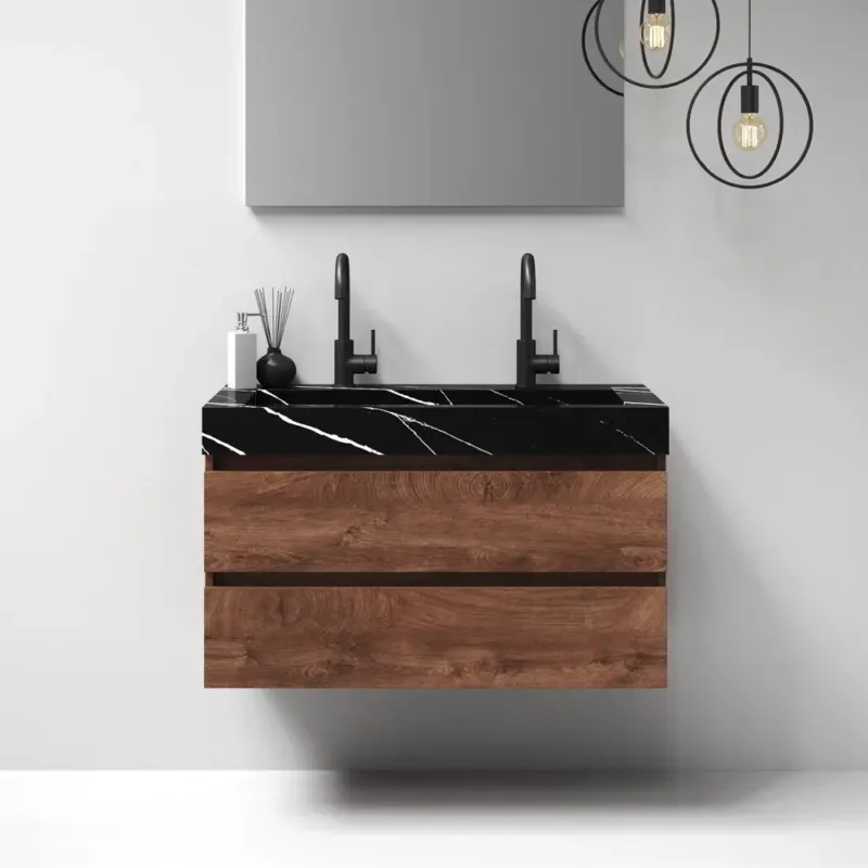 Brauer Nature badmeubel 100cm forest cacao met wastafel Artificial Marble Nero Marquina 2 kraangaten Speciale Aanbieding