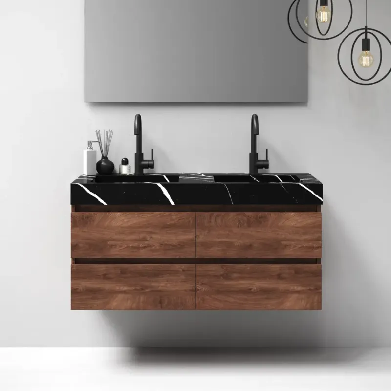 Brauer Nature badmeubel 120cm forest cacao met wastafel Artificial Marble Nero Marquina dubbele wasbak 2 kraangaten Lage Kosten