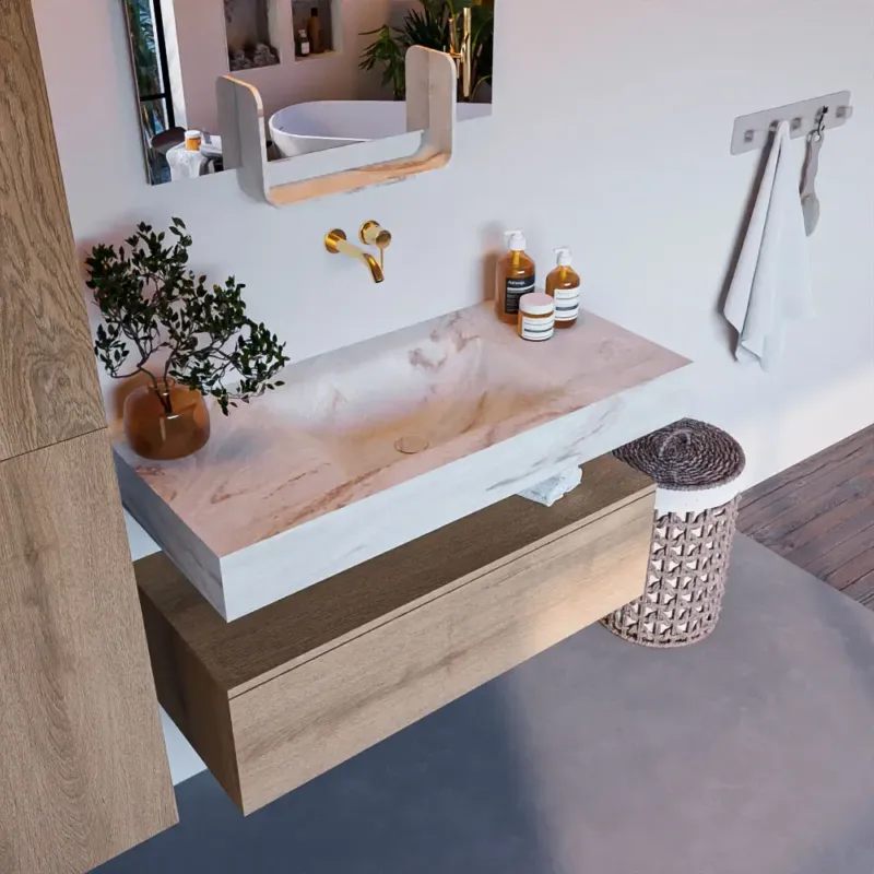 Op = Op Mondiaz Alan DLux badmeubel 100cm washed oak 1 lade met wastafel frappe midden zonder kraangat
