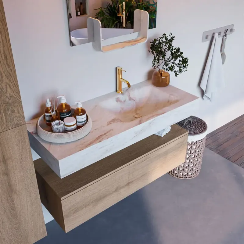 Must-Have Mondiaz Alan DLux badmeubel 110cm washed oak 1 lade met wastafel frappe rechts 1 kraangat