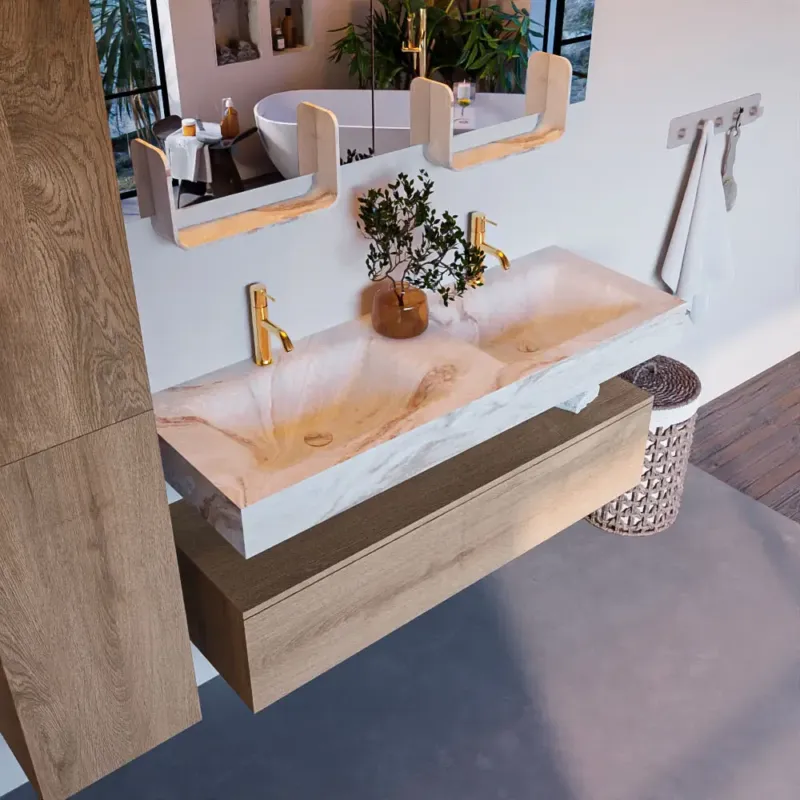 Weekendaanbieding Mondiaz Alan DLux badmeubel 130cm washed oak 1 lade met wastafel frappe dubbel 2 kraangaten