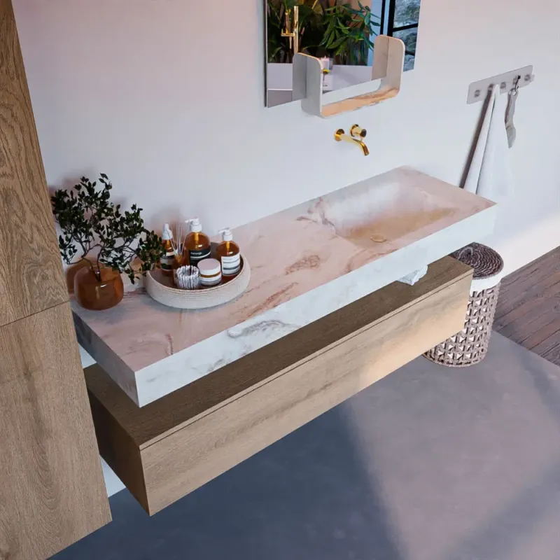 Weekendaanbieding Mondiaz Alan DLux badmeubel 150cm washed oak 1 lade met wastafel frappe rechts zonder kraangat