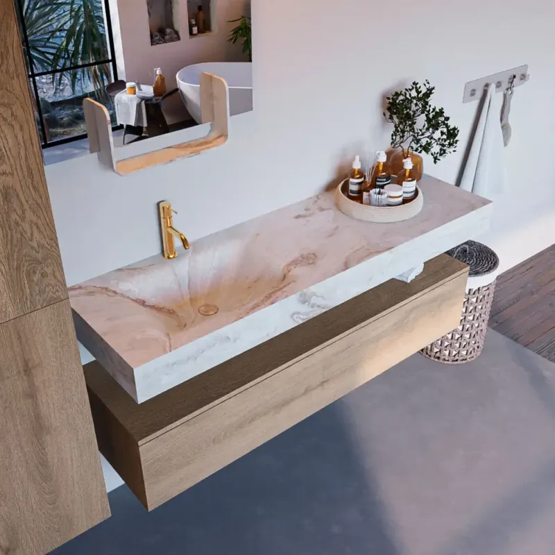 Tijdelijk Beschikbaar Mondiaz Alan DLux badmeubel 150cm washed oak 1 lade met wastafel frappe links 1 kraangat