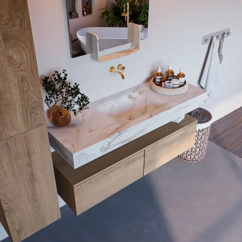 Must-Have Mondiaz Alan DLux badmeubel 130cm washed oak 2 lades met wastafel frappe midden zonder kraangat