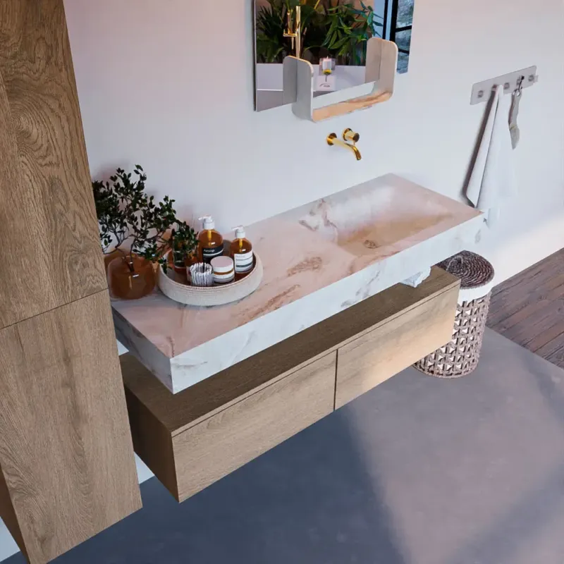 Must-Have Mondiaz Alan DLux badmeubel 130cm washed oak 2 lades met wastafel frappe rechts zonder kraangat