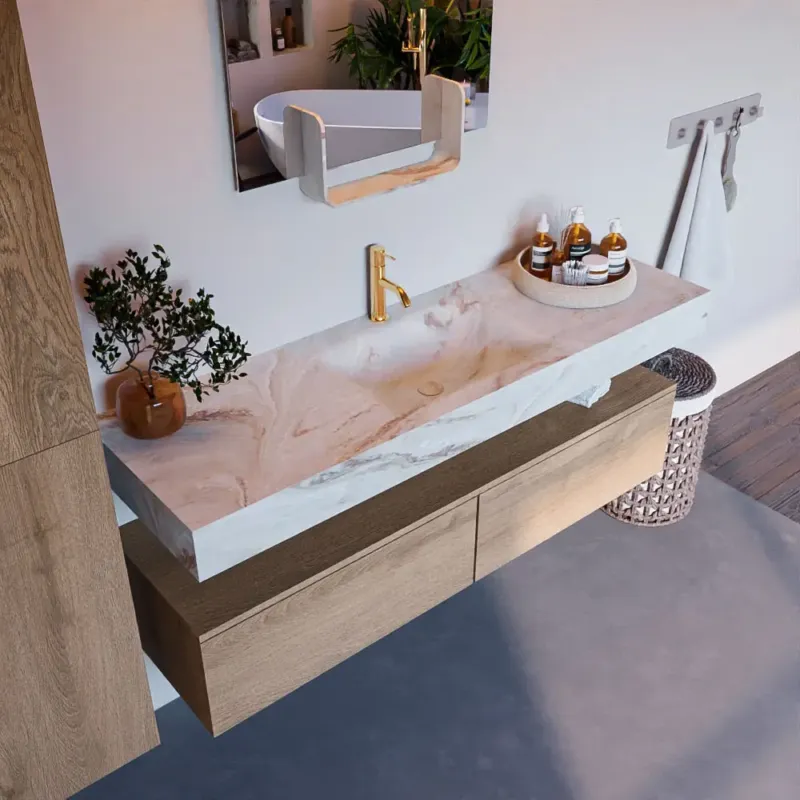 Op = Op Mondiaz Alan DLux badmeubel 150cm washed oak 2 lades met wastafel frappe midden 1 kraangat