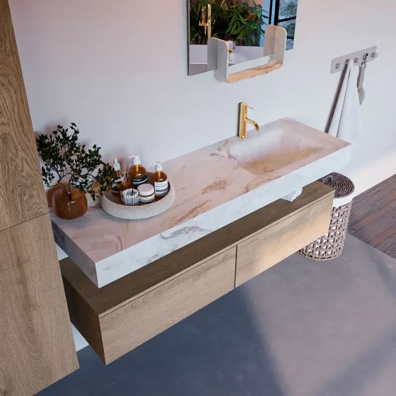 Weekendaanbieding Mondiaz Alan DLux badmeubel 150cm washed oak 2 lades met wastafel frappe rechts 1 kraangat