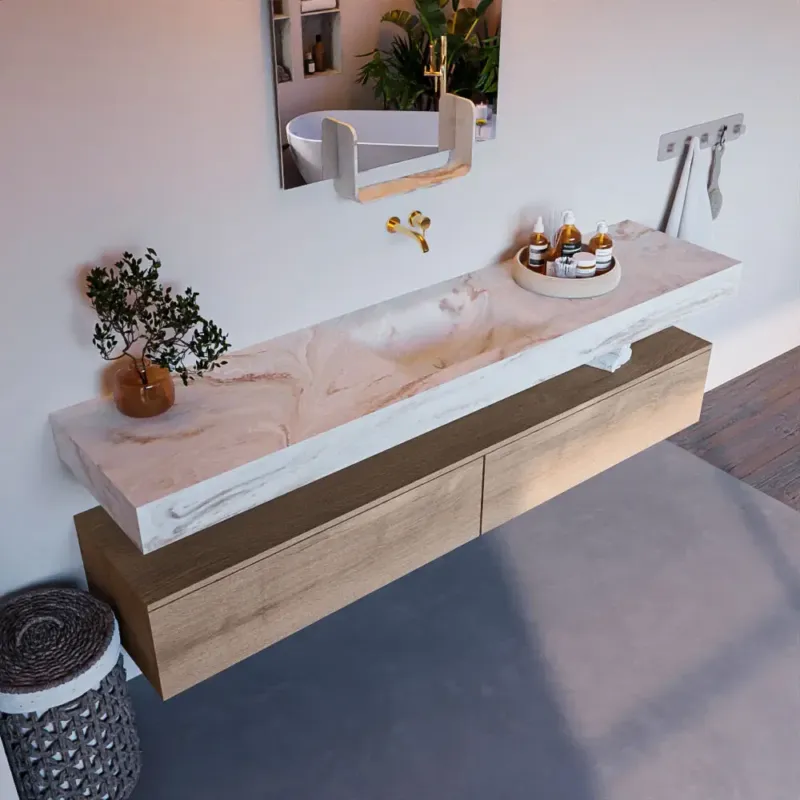 Actieprijs Mondiaz Alan DLux badmeubel 200cm washed oak 2 lades met wastafel frappe midden zonder kraangat
