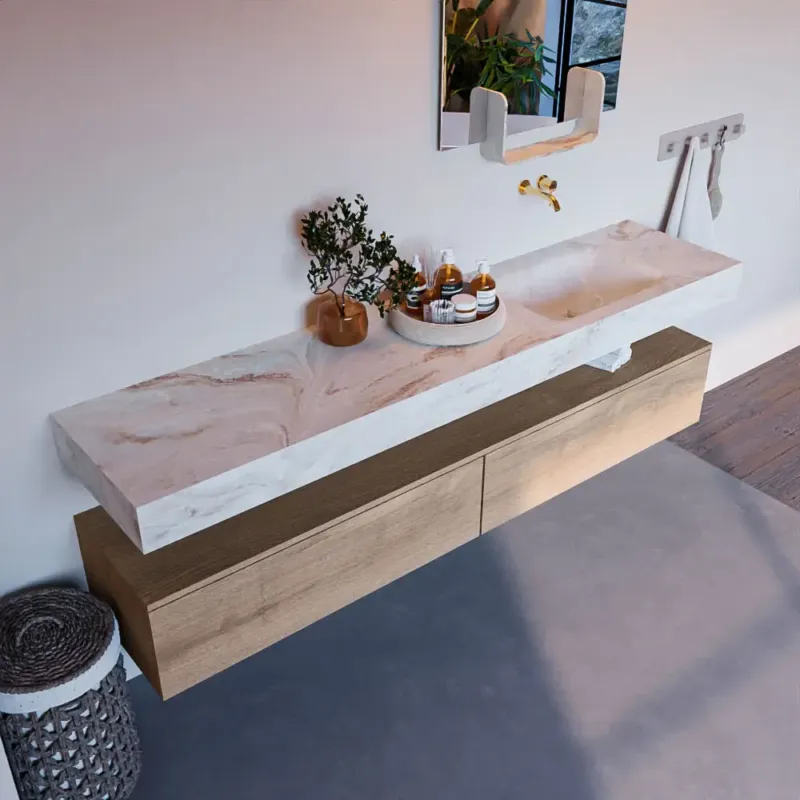 Shop Nu Mondiaz Alan DLux badmeubel 200cm washed oak 2 lades met wastafel frappe rechts zonder kraangat