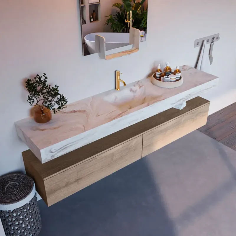 Speciale Aanbieding Mondiaz Alan DLux badmeubel 200cm washed oak 2 lades met wastafel frappe midden 1 kraangat